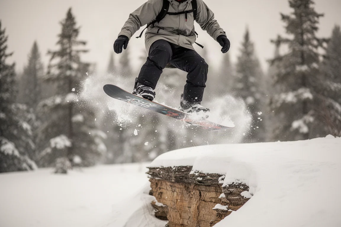 Snowboarder landing a drop in deep snow with bent knees absorbing impact