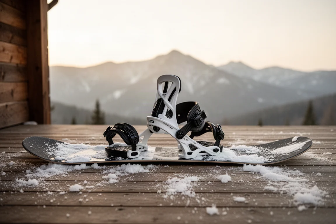 Snowboard binding mounted on a board resting on a snowy lodge deck