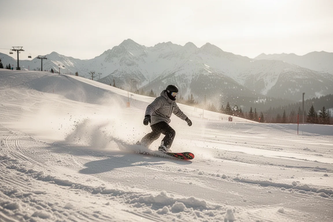 Snowboarder fährt Schwünge auf weichem Frühlingschnee unter sonnigem Himmel