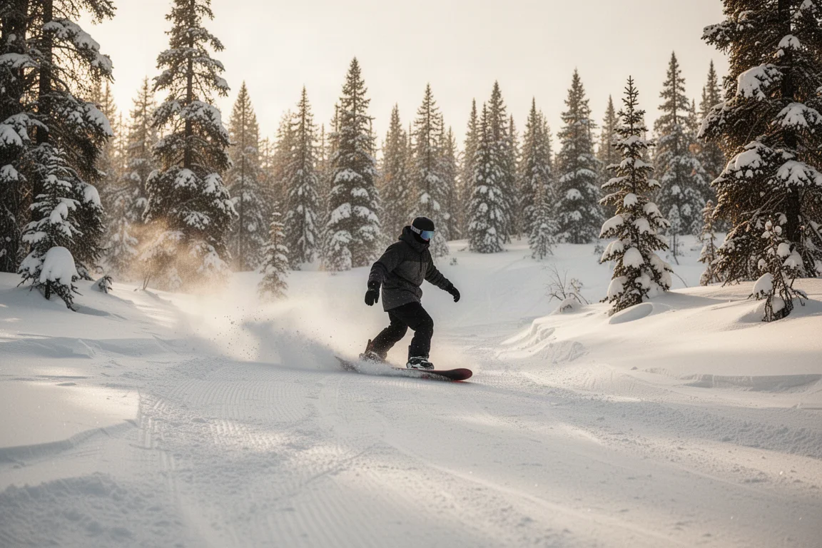 Snowboarder fährt abwechslungsreiches Gelände mit einem einzigen All-Mountain-Setup