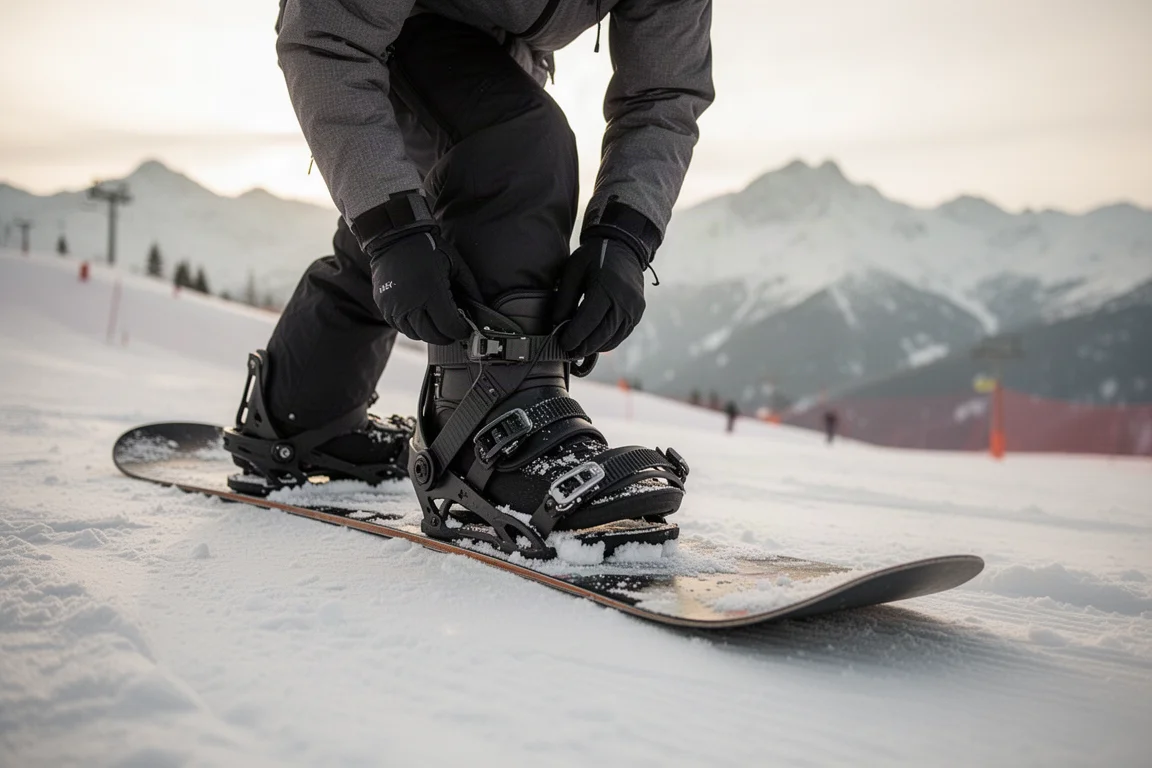Snowboarder ajustándose las fijaciones en una pista firme en el parque por la mañana