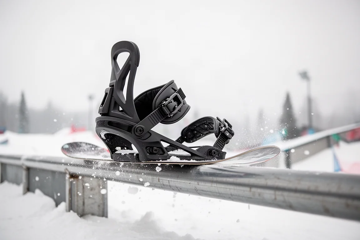 Primer plano del highback de una fijación de snowboard flexando en barandillas en un terrain park