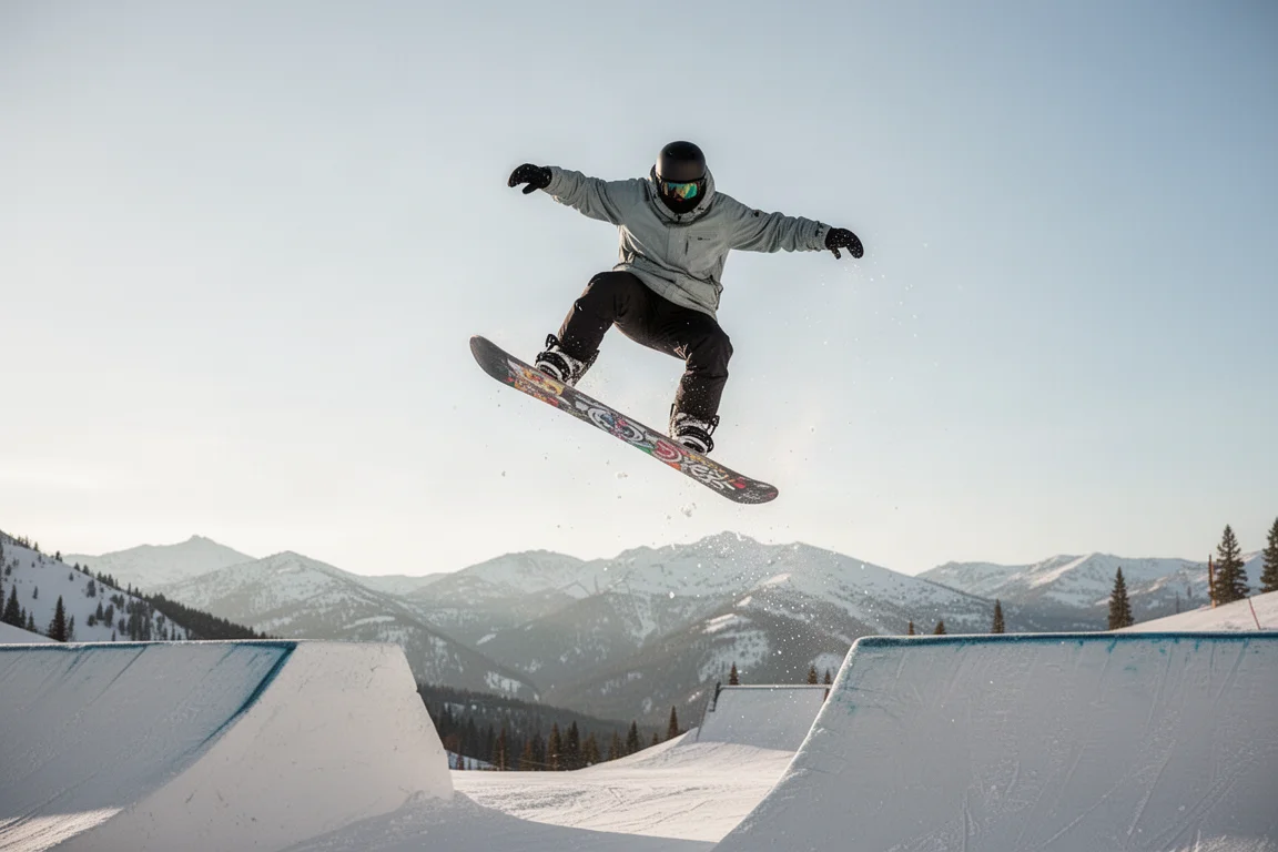 Snowboarder saltando desde un salto en un parque de snowboard