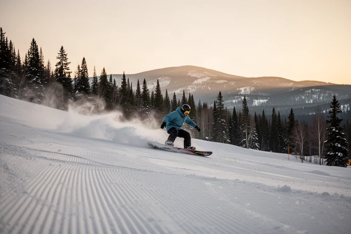 Rider trazando curvas en una pista all-mountain al atardecer con el resplandor de un faro
