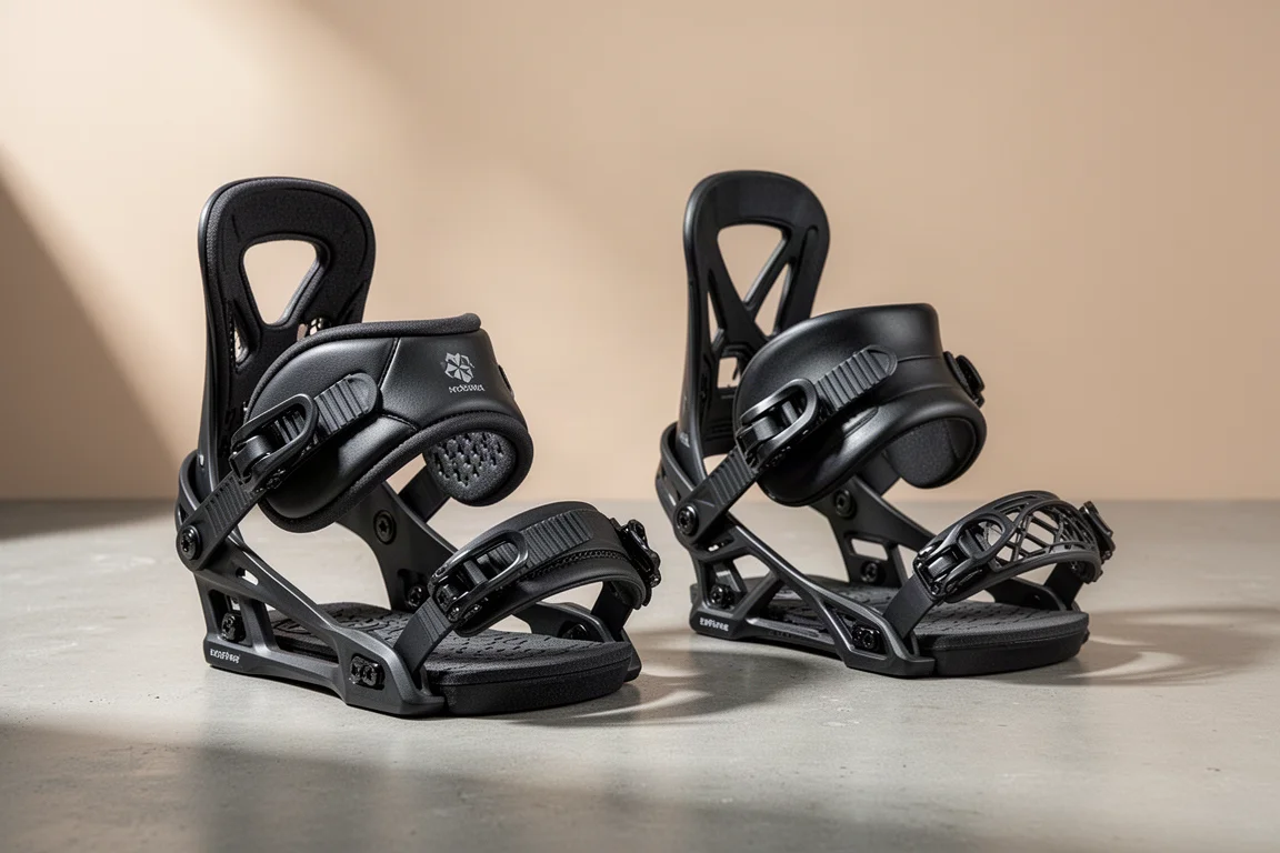 Two black snowboard bindings side by side on a concrete surface