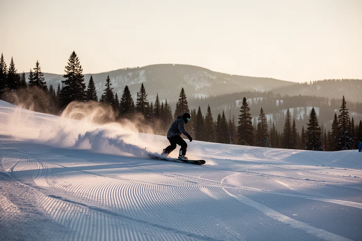 Snowboarder zieht eine Kurve auf einem präparierten Hang bei frühem Licht, Schneesprühwolken