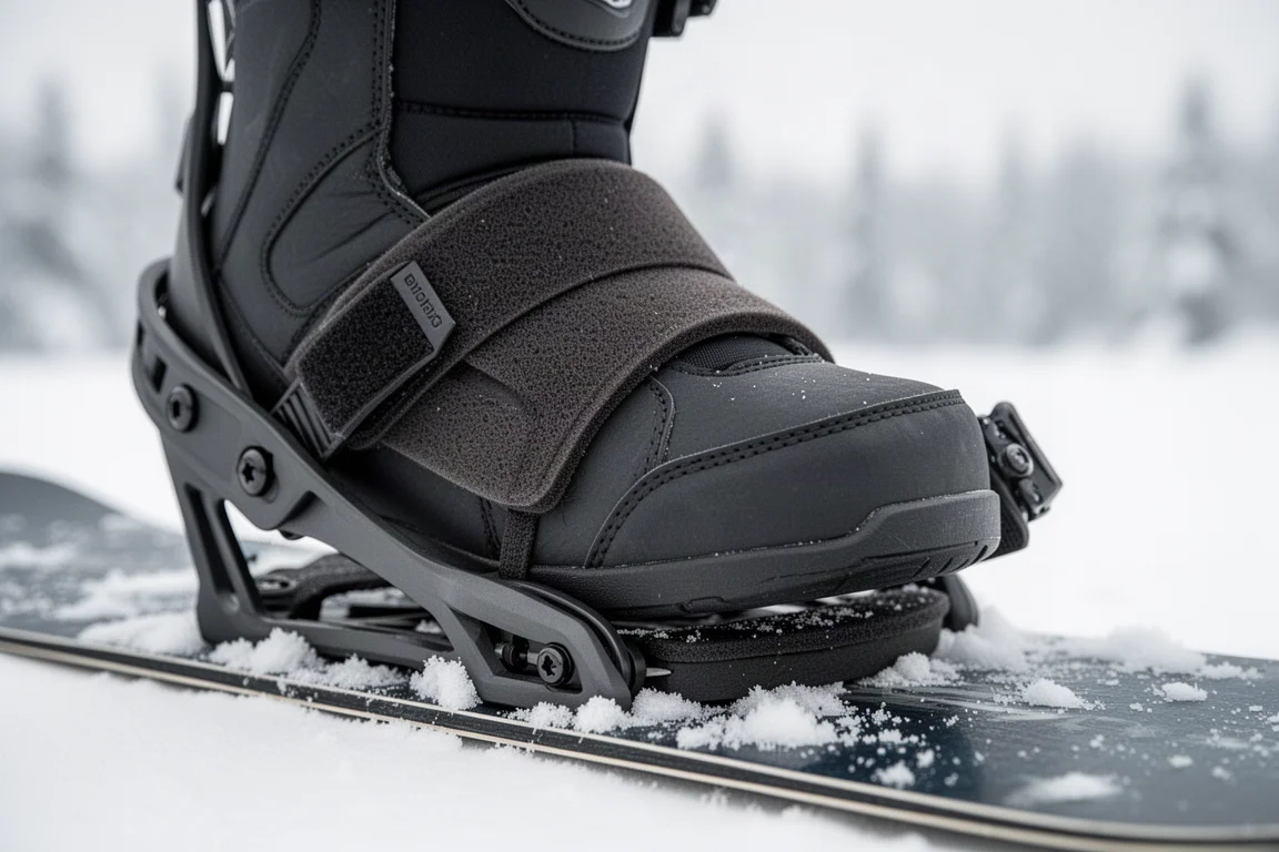 Nahaufnahme eines Snowboard-Binding-Spannriemens über dem Rist eines Boots