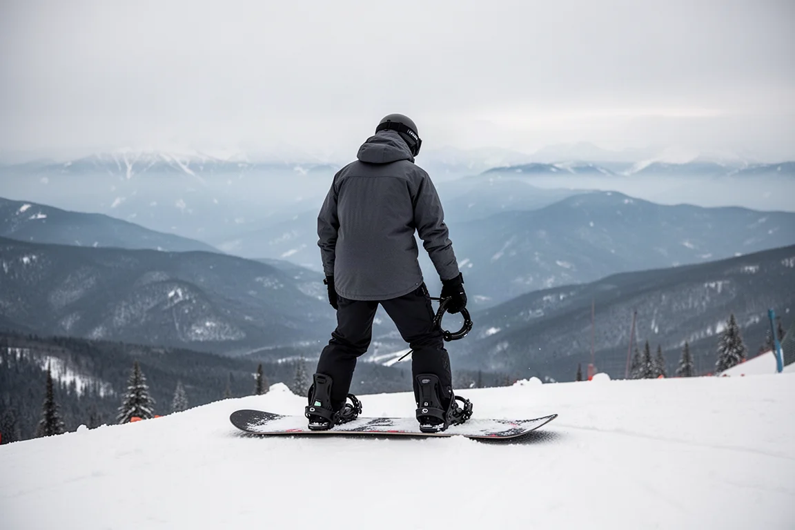 Snowboarder schnürt sich am Start einer Abfahrt ein, Berge im Hintergrund