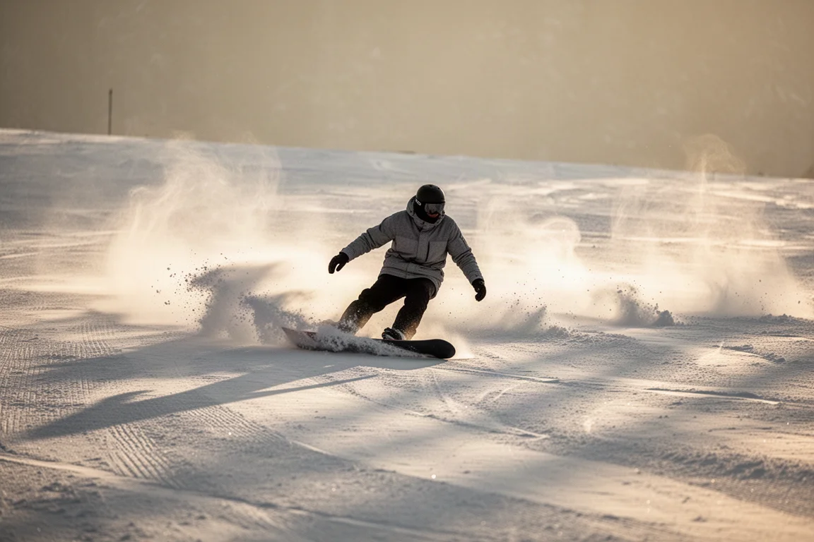 Snowboarder mitten in einer Kurve auf präpariertem Hang im Nachmittagslicht