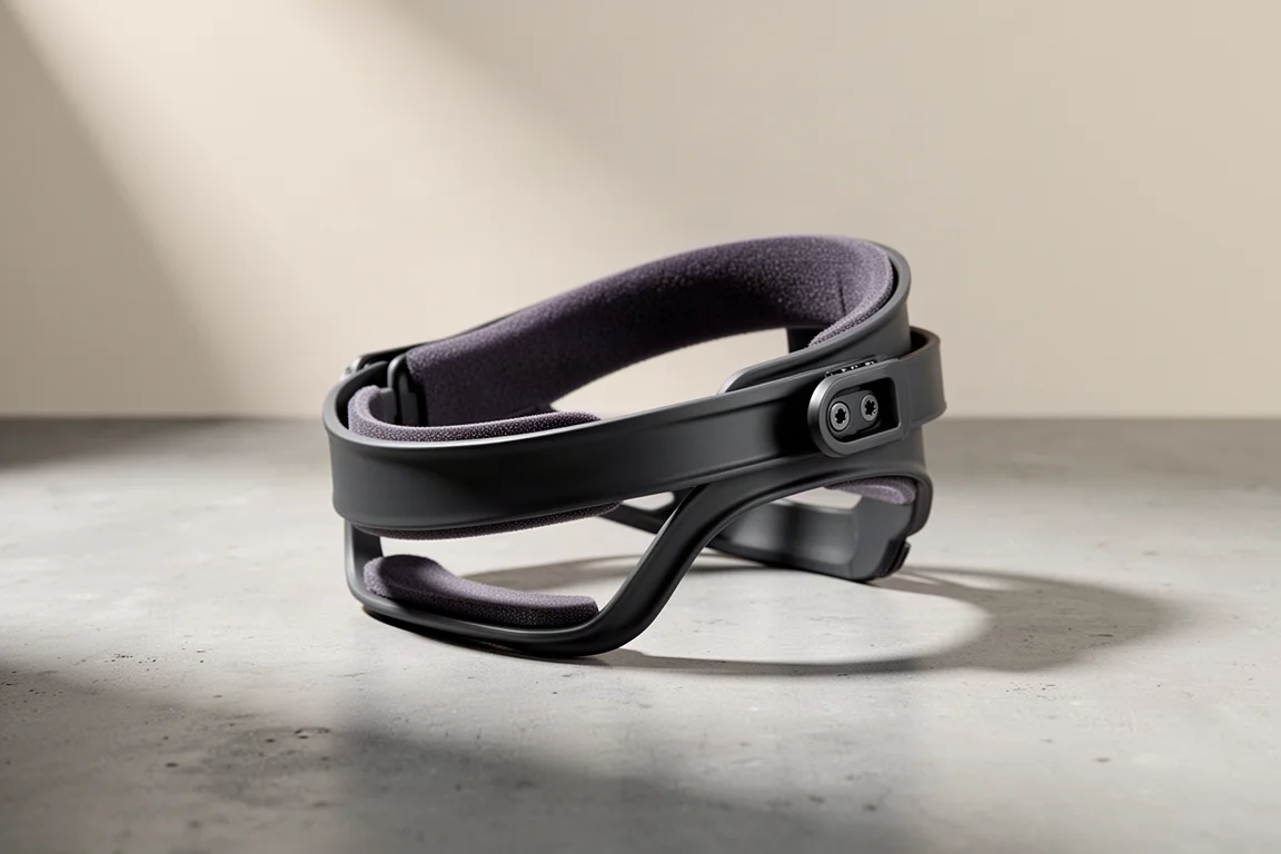 Snowboard binding ankle strap with foam liner and rigid outer frame on concrete