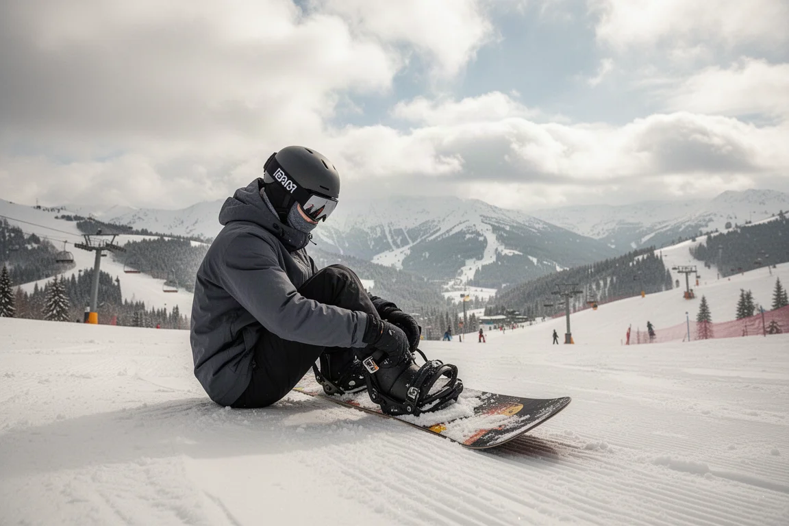 Snowboarder ajustándose las fijaciones en una pista preparada bajo un cielo cambiante de Colorado