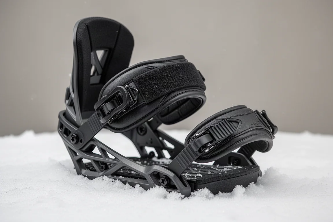Primer plano de una strap de tobillo acolchada de fijación de snowboard sobre la nieve