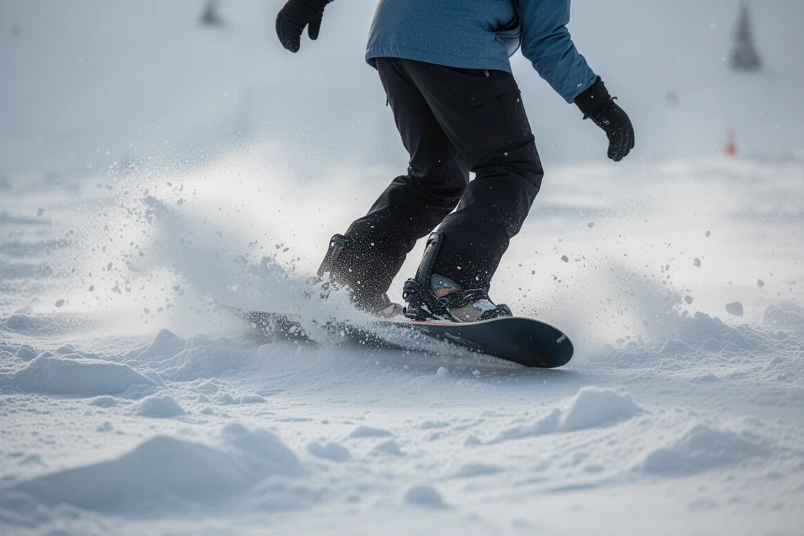 Snowboarder descendiendo por nieve picada y llena de baches en una pista dura