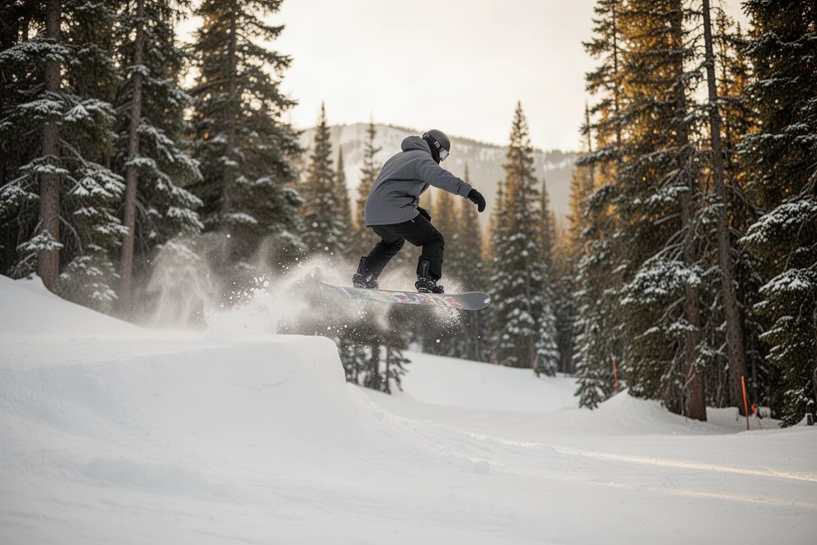 Snowboarder saltando sobre un pequeño side hit sobre nieve compactada