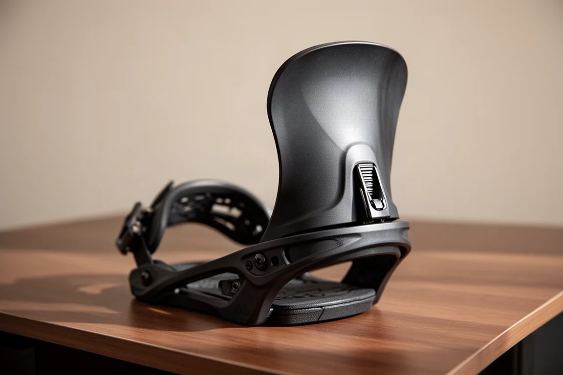 Primer plano de un highback de fijación de snowboard que muestra su perfil curvado y esculpido