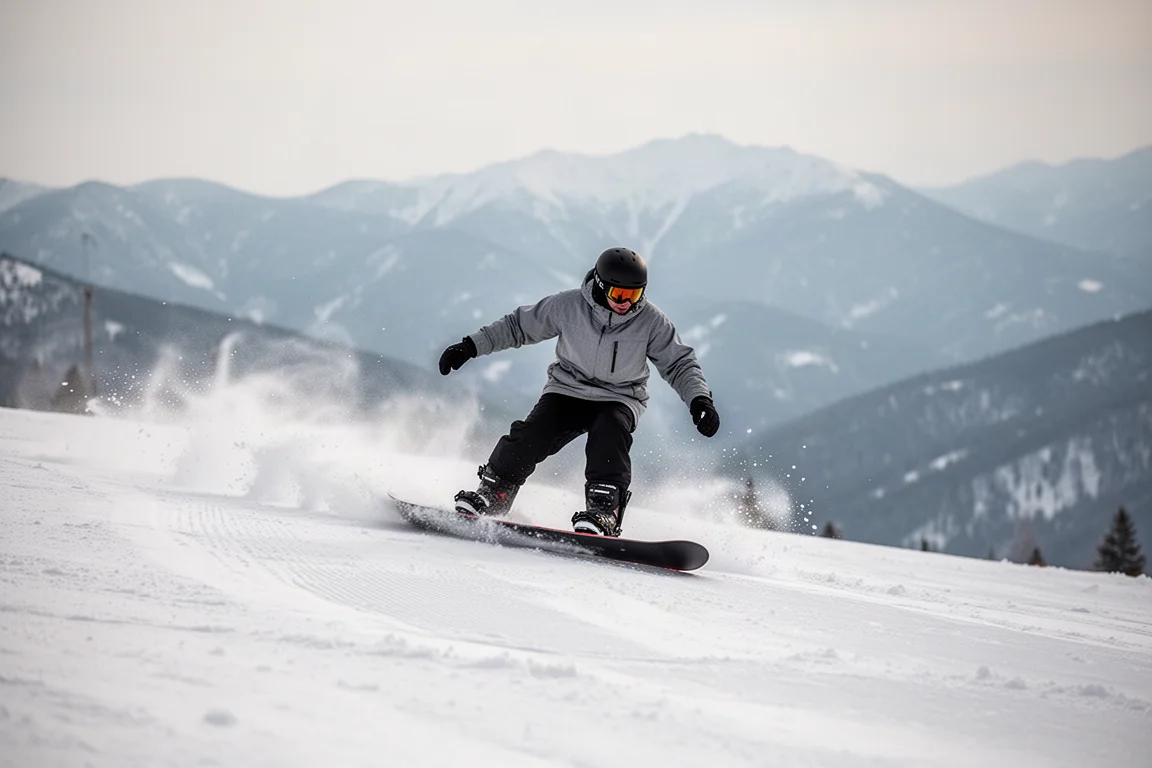 Snowboarder trazando un giro en una ladera de montaña con las fijaciones visibles en movimiento