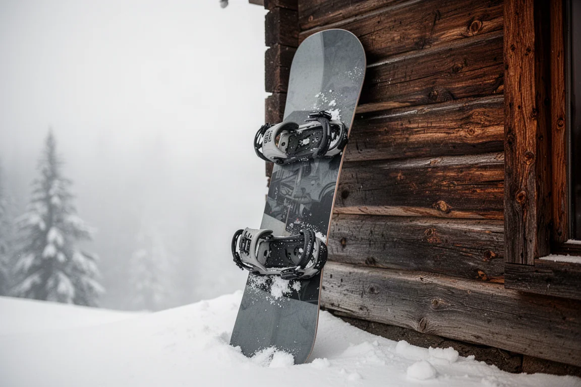 Fijación de snowboard montada en una tabla apoyada contra la pared de una cabaña