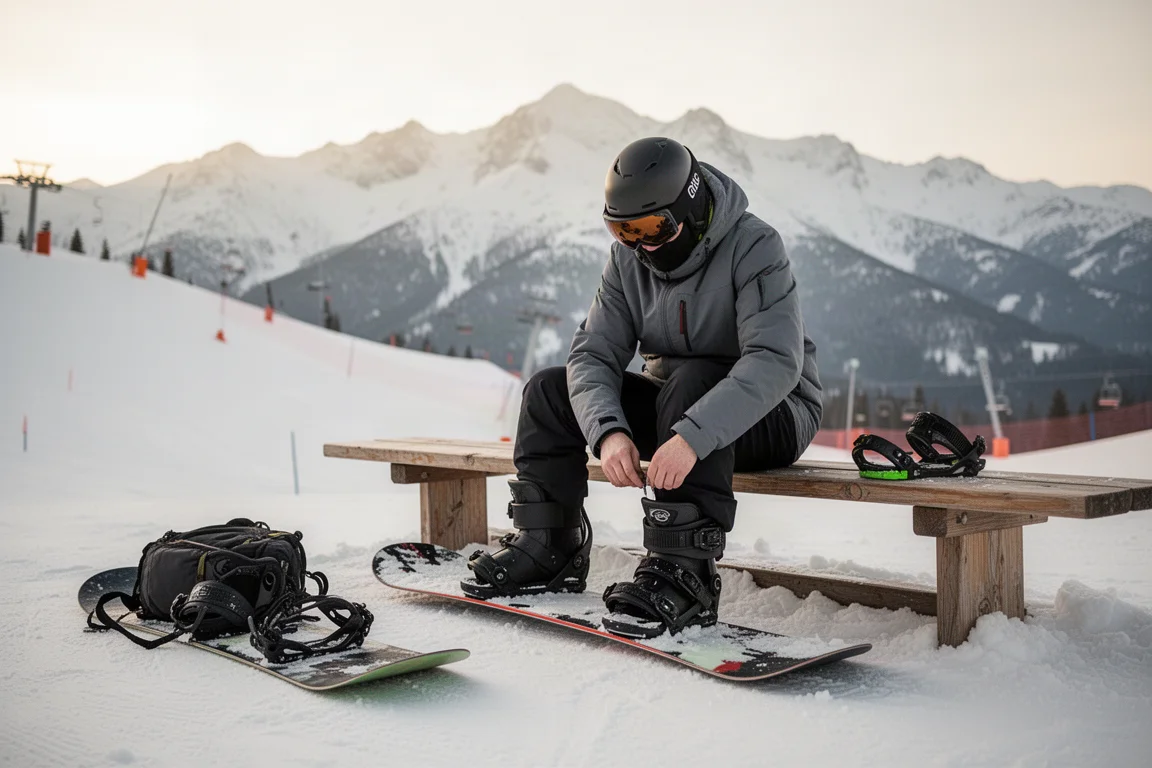 Snowboarder ajustando las fijaciones en un banco antes de una bajada