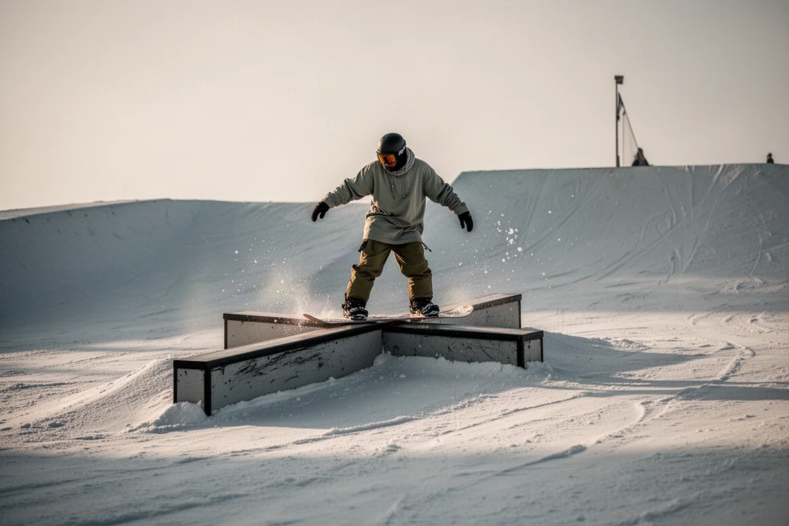 Snowboarder che preme su un rail in un terrain park con luce serale morbida