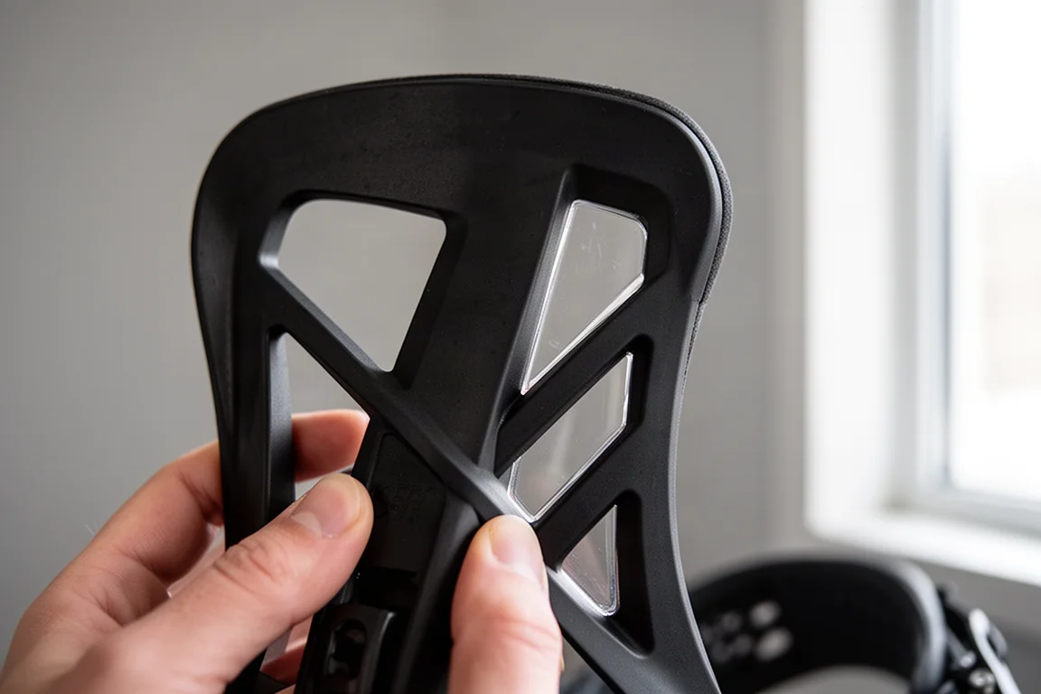 Primo piano di un highback per snowboard in plastica leggera con fori e flessibilità visibili