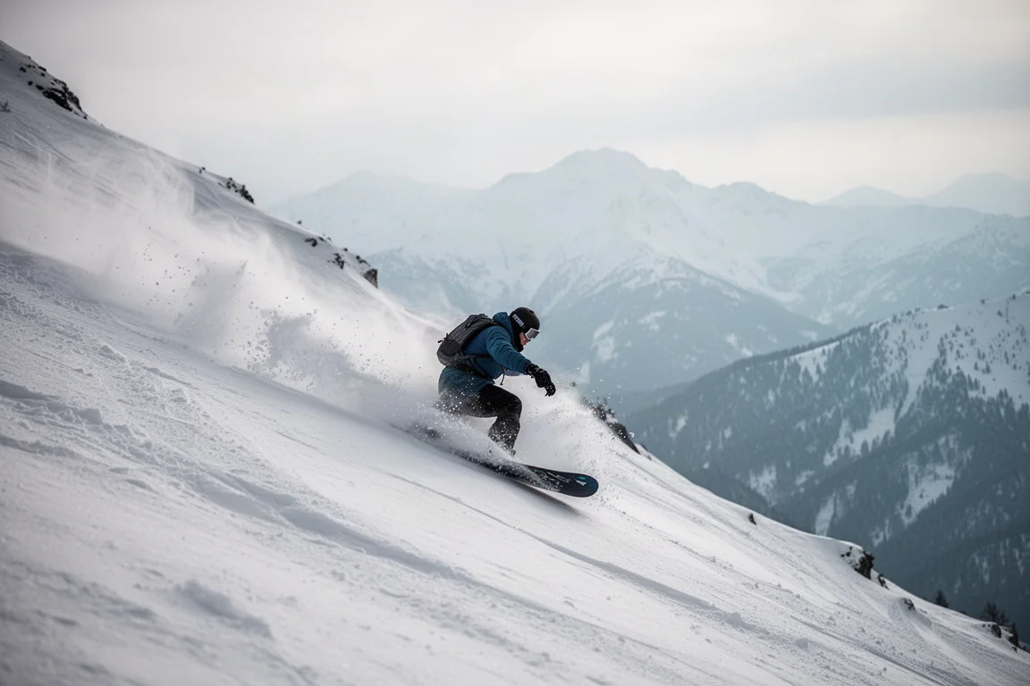 Snowboarder freeride reattivo che traccia una curva su una discesa alpina ripida nella neve fresca
