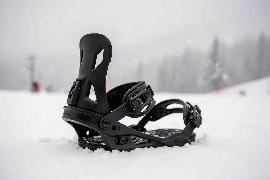 Highback di attacco per snowboard montato su un attacco appoggiato in una base innevata
