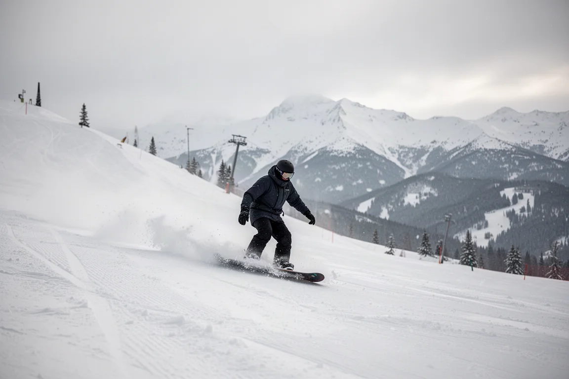 Snowboarder fährt frischen Schnee in einem Bergresort