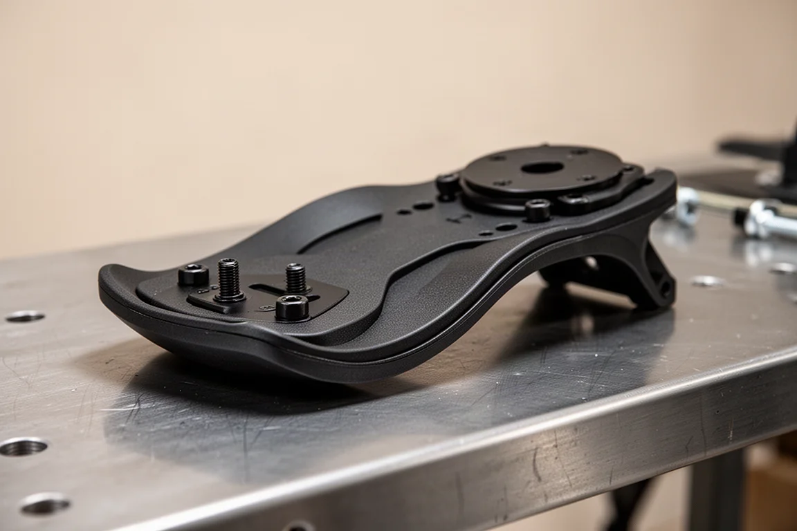 Nahaufnahme einer Snowboard-Bindungs-Baseplate mit Disc und Montagehardware