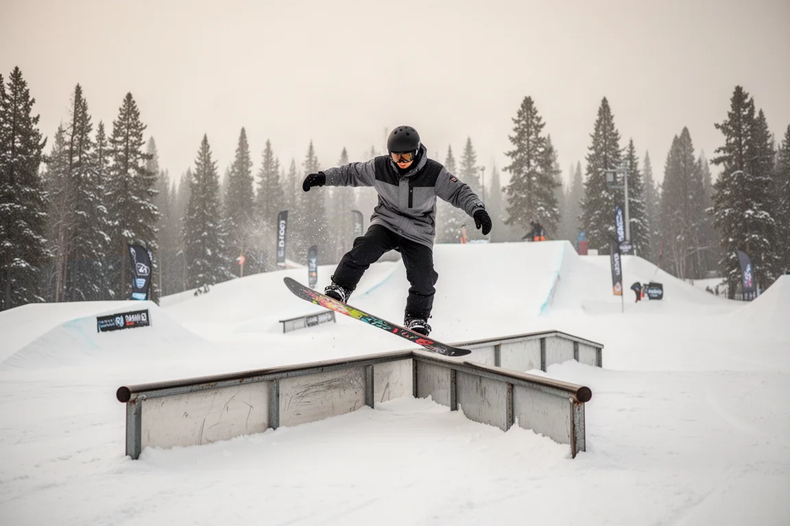 Freestyle-Snowboarder presst an einer Rail im Terrainpark