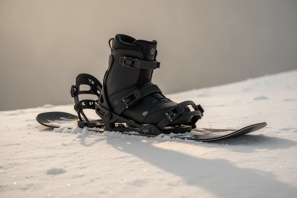 Fahrer schnallt sich auf einer verschneiten Piste in die Snowboard-Bindung