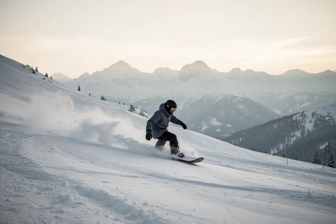 Snowboarder jadący w puchu na stoku góry w miękkim porannym świetle