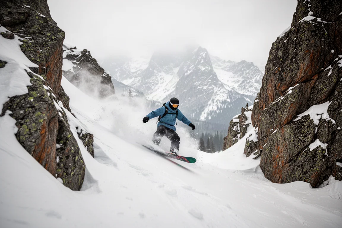 Snowboarder ścinający stromą freeridową linię na tle skalistych szczytów