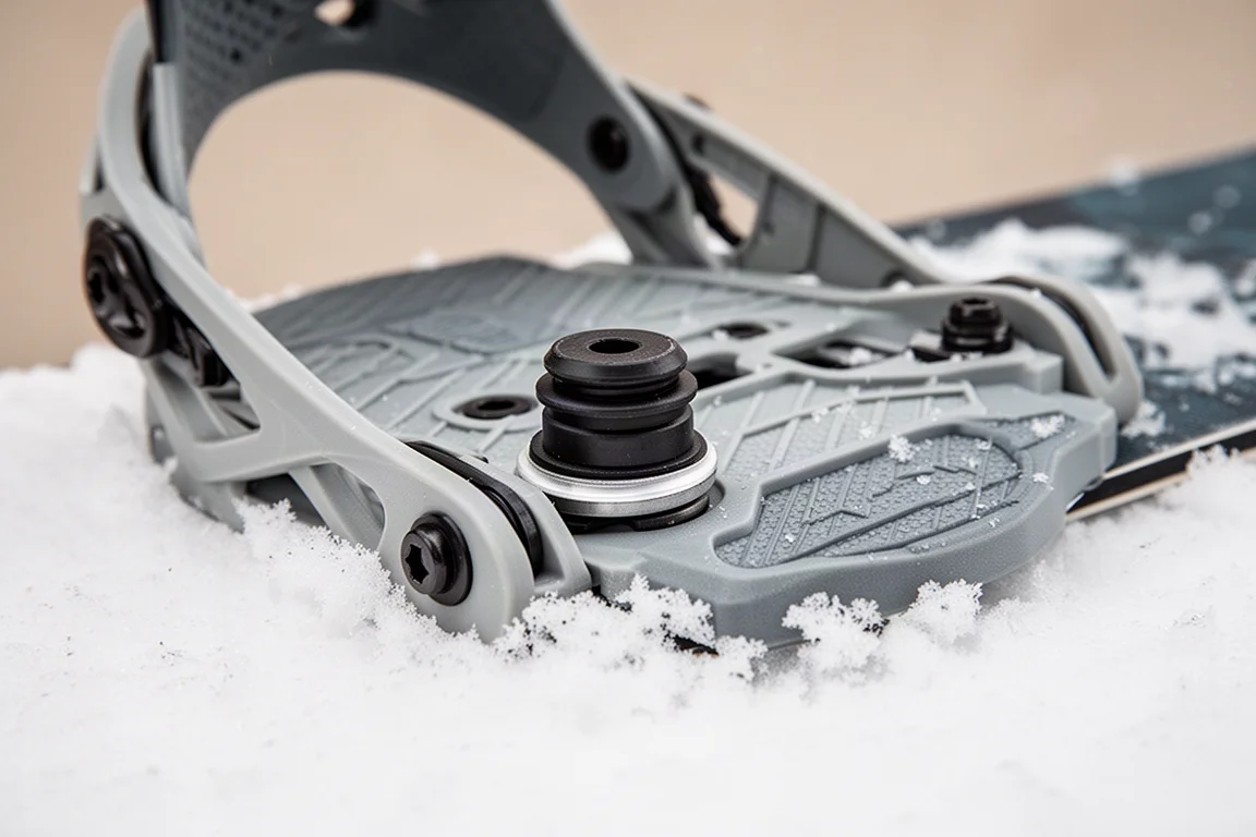 Zbliżenie na baseplate wiązania snowboardowego i detal bushingu na śniegu