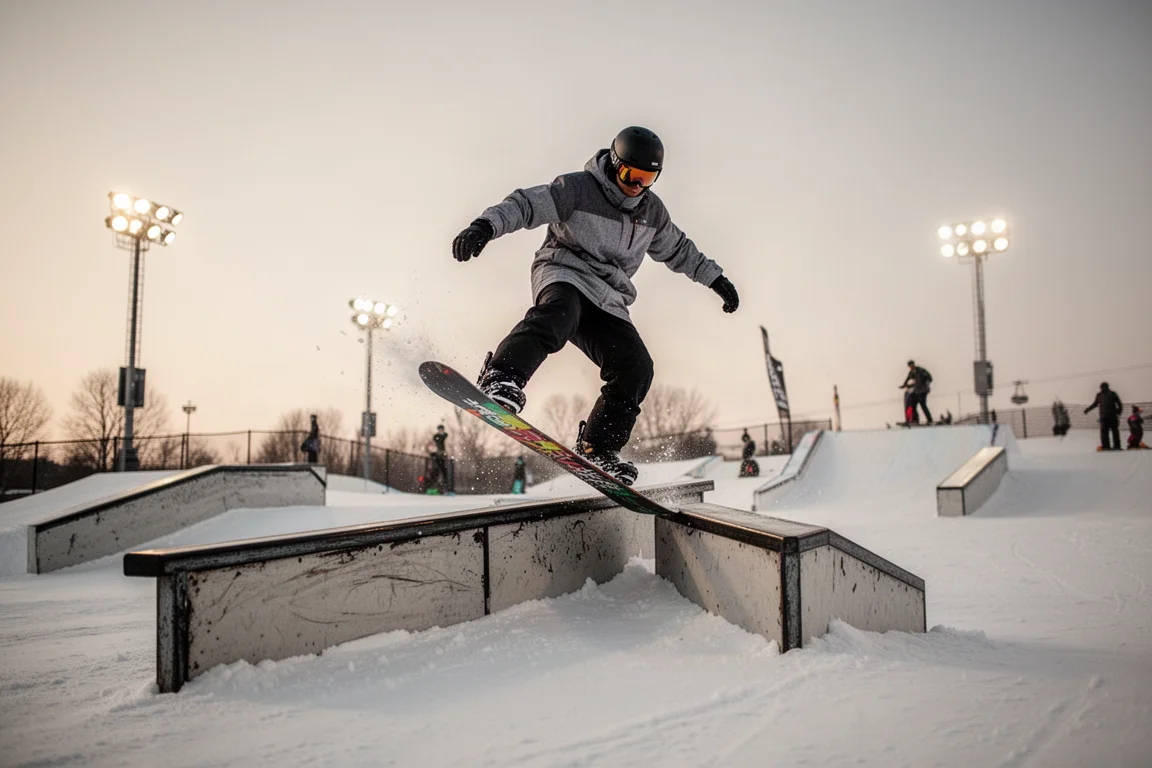 Snowboarder robiący press i butter na rurze w snowparku