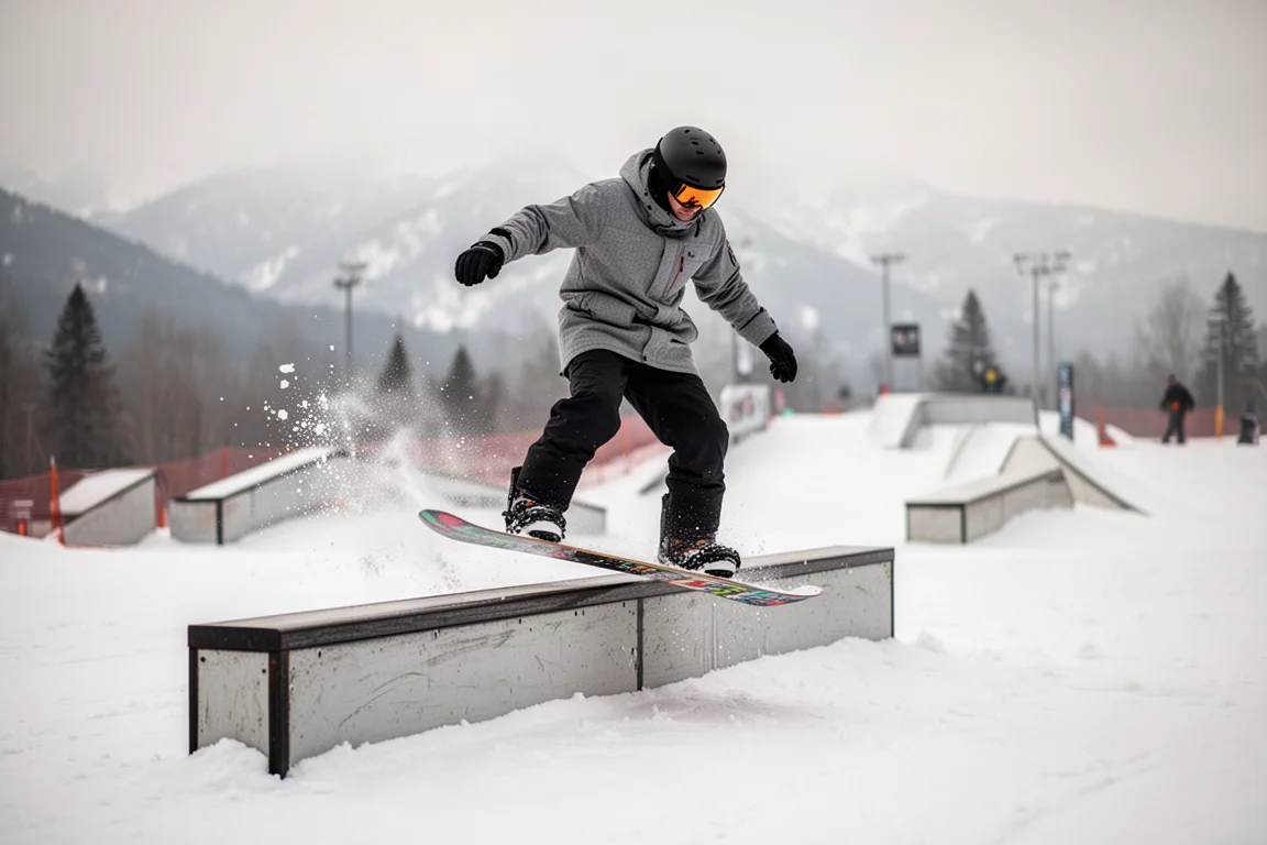 Snowboarder pressing the nose of a board on a park side hit