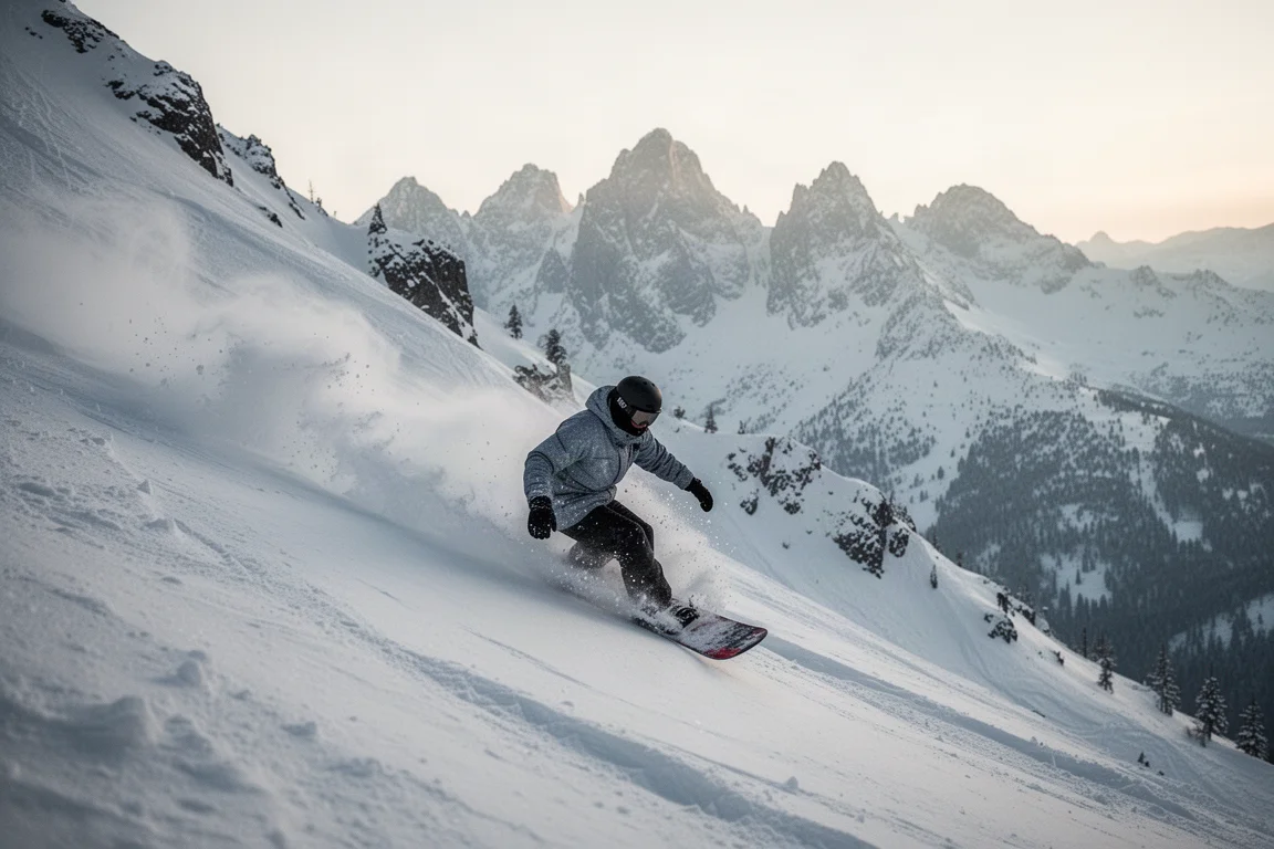 Snowboarder riding a steep powder line below rocky terrain