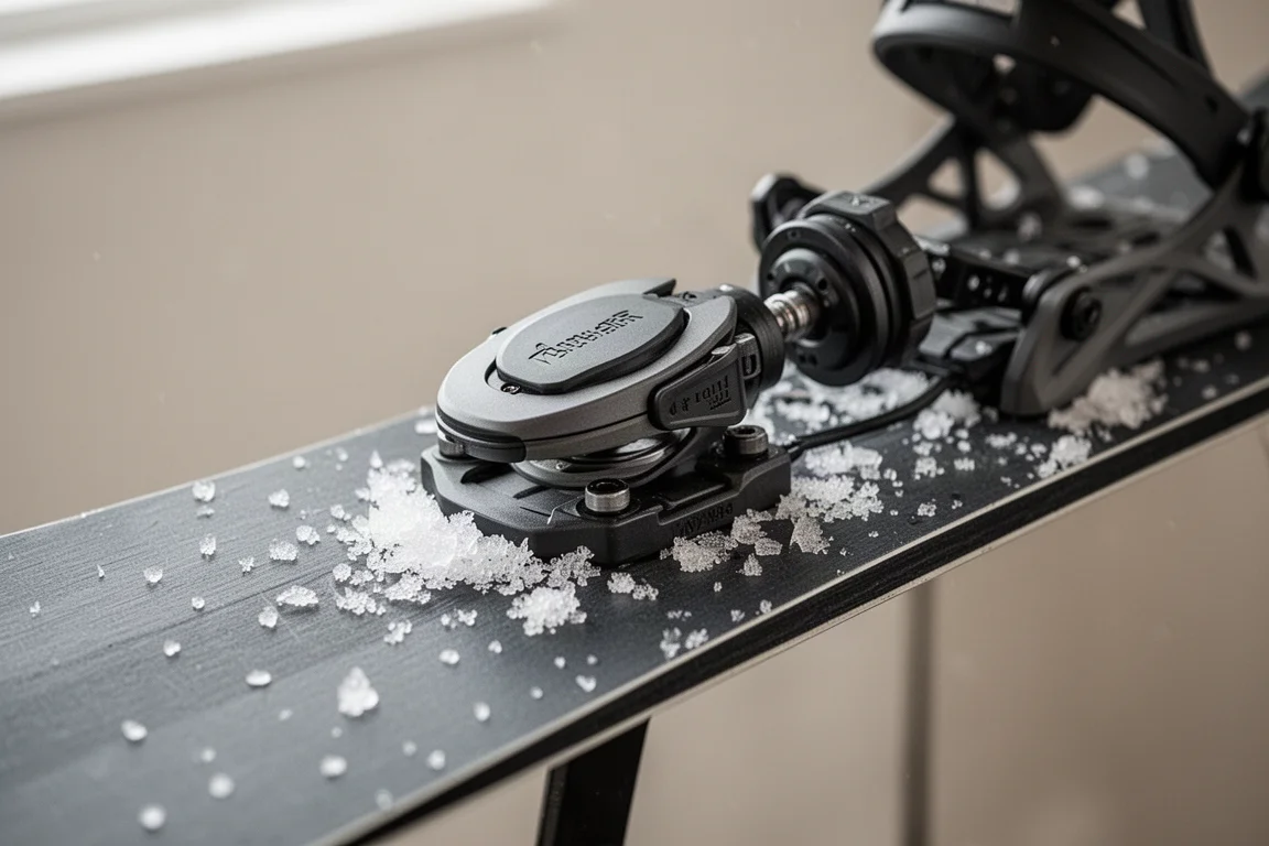 Close-up of a snowboard binding mini disc mounted on a snowboard
