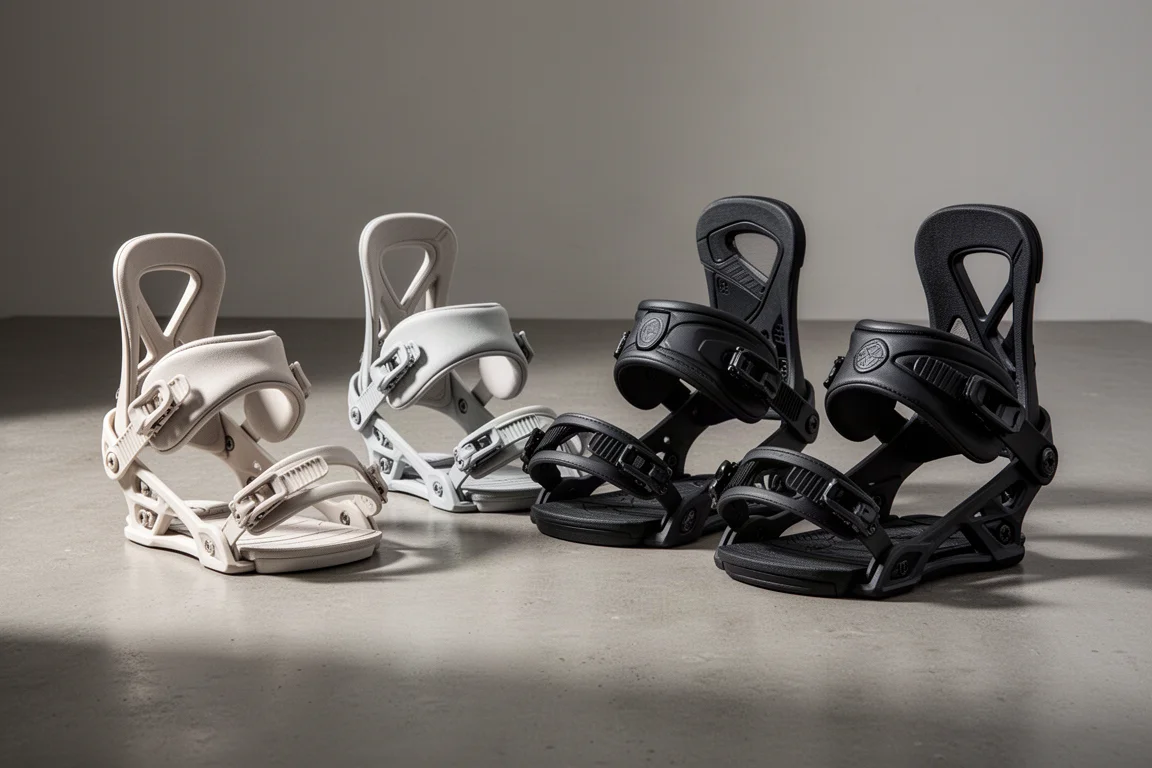 Four Union snowboard bindings arranged in a row on a concrete surface
