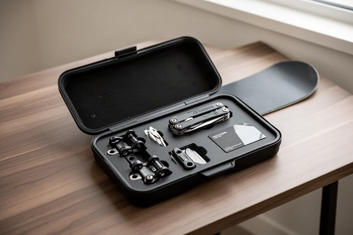 Black presentation case with snowboard binding hardware and small tool on a wooden desk