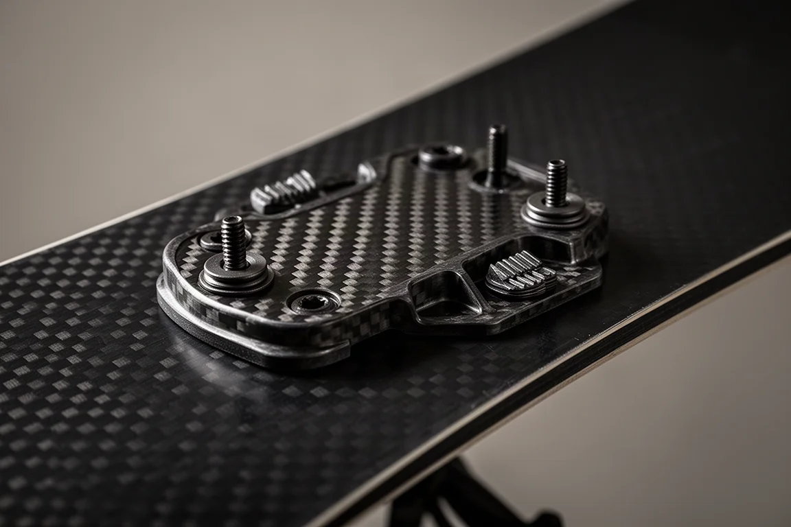 Close-up of a forged carbon snowboard binding base plate mounted directly to a board