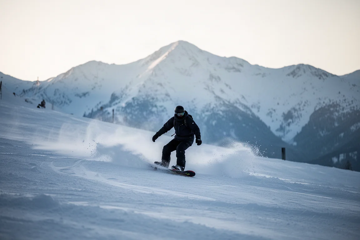 Snowboarder carving hard on an open alpine slope in cold morning light