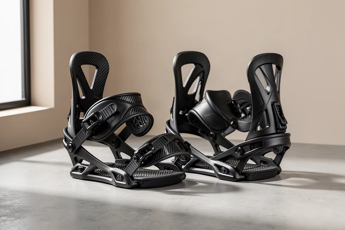 Two black snowboard bindings with forged carbon base plates on a concrete surface