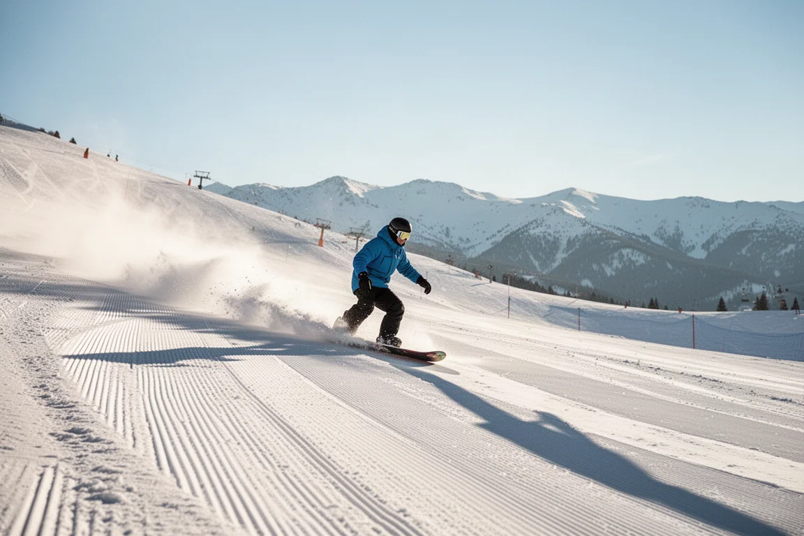 Snowboardzista skręjący po twardo utartej trasie w słoneczny dzień w kurorcie górskim