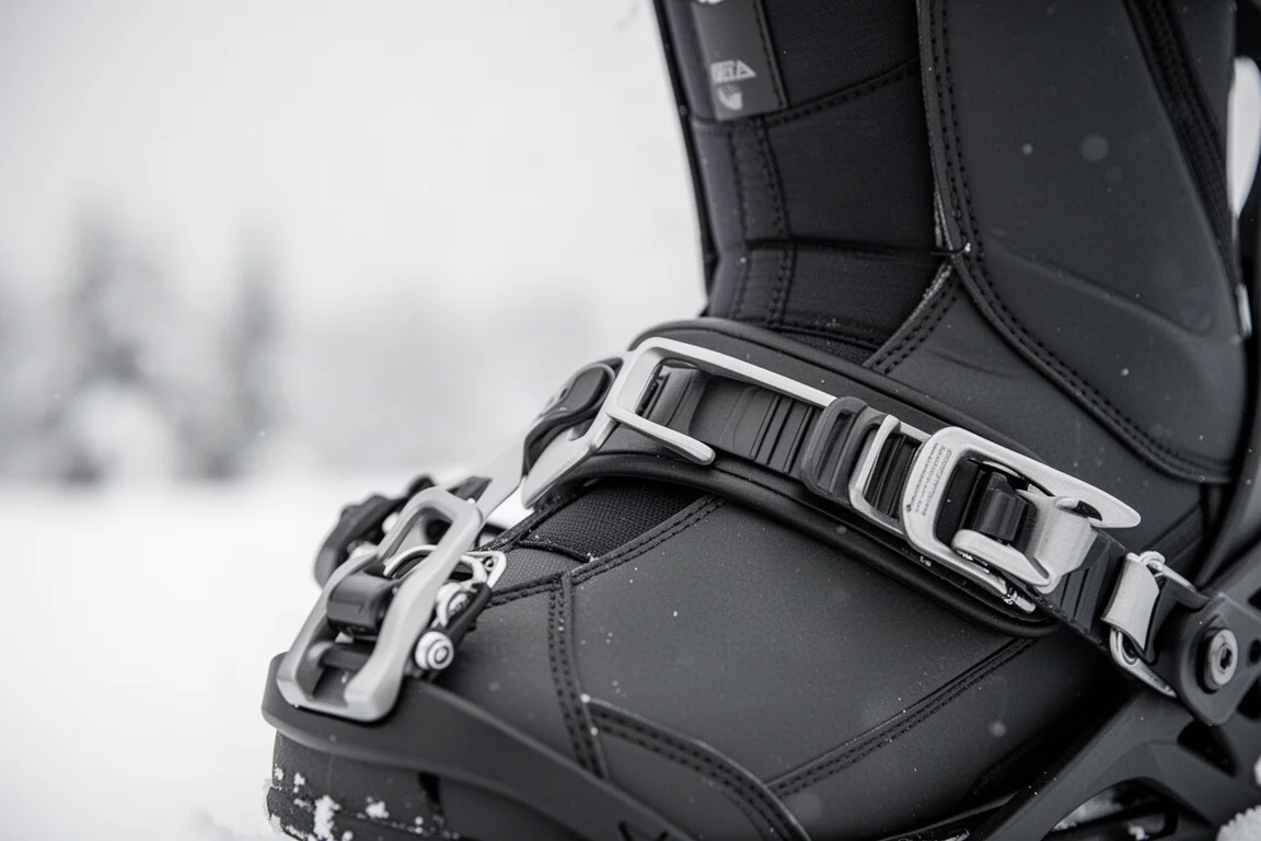 Zbliżenie na wąski, sztywny strap wiązania snowboardowego trzymanego na bucie