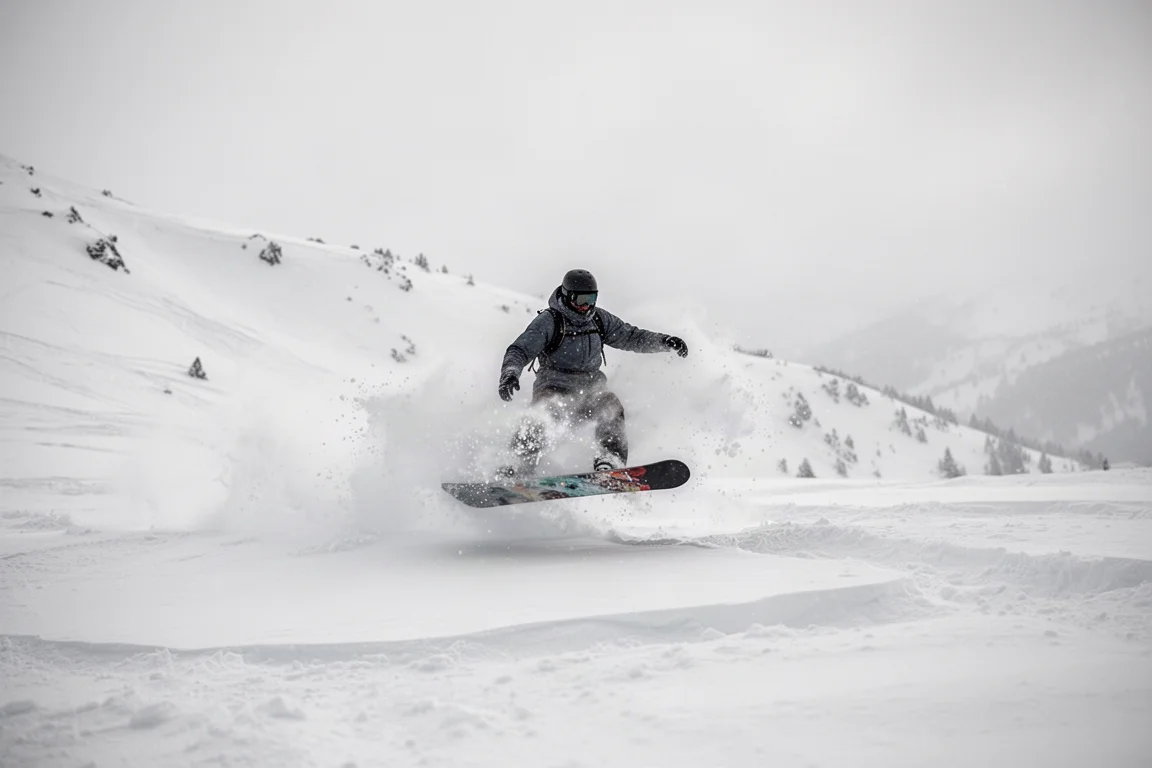 Snowboardzista jadący przez miękką, rozgmatwaną puszystą śniegową breję