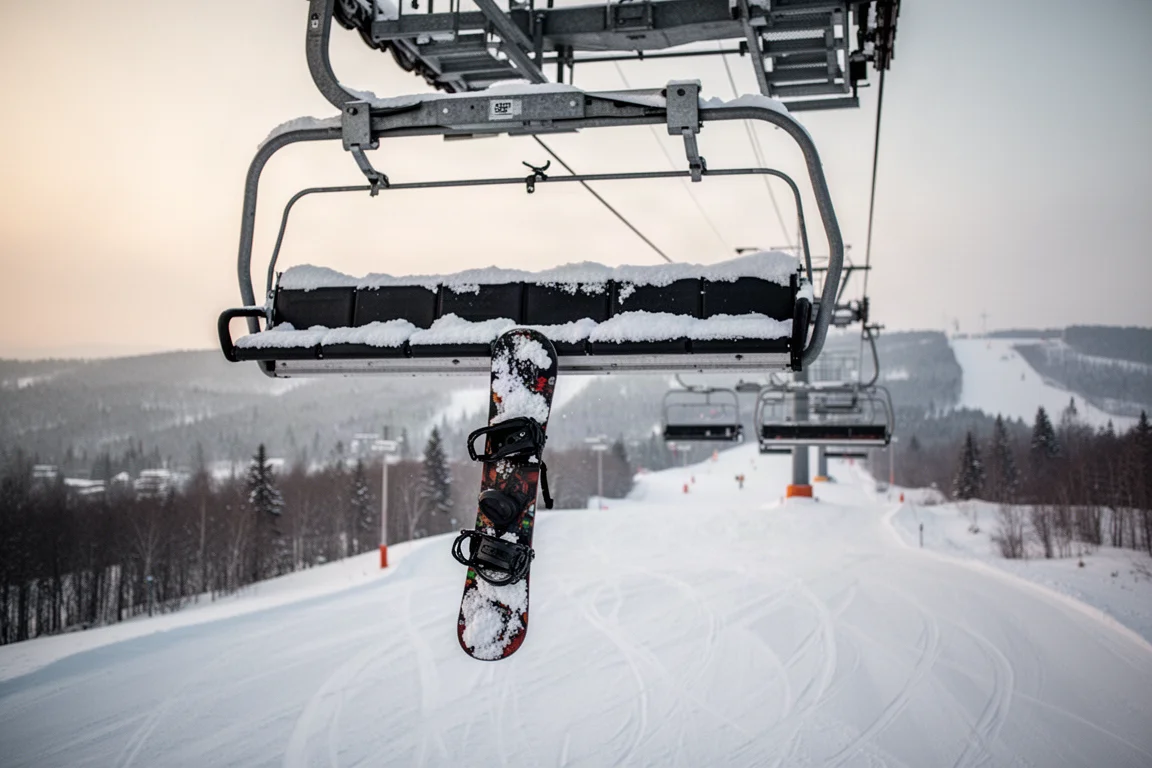 Wiązanie snowboardowe wiszące na wolno jadącym wyciągu krzesełkowym nad ośnieżonymi stokami