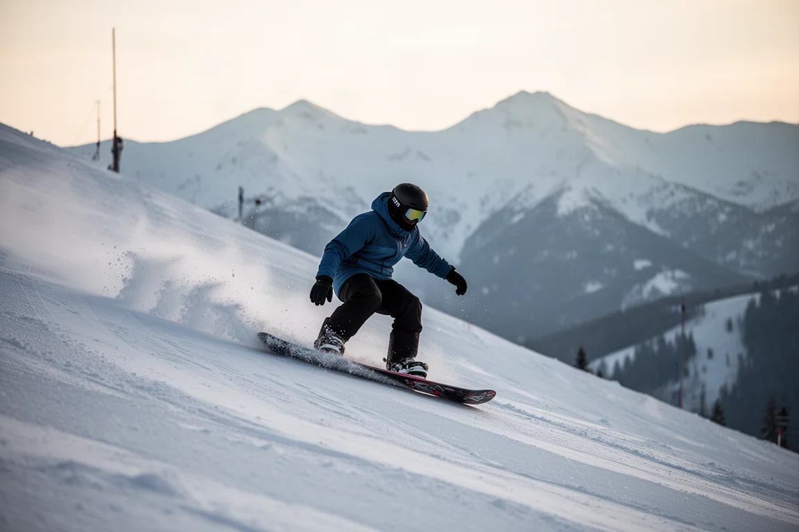 Snowboarder che traccia una discesa ripida preparata con gli attacchi montati sulla tavola