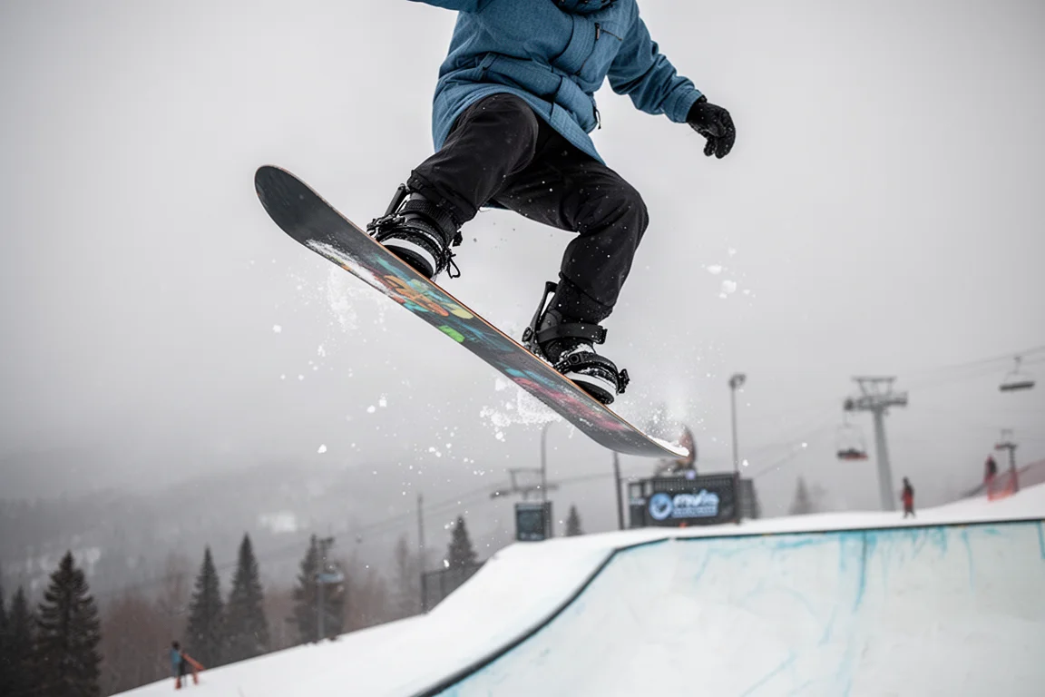 Snowboarder che modella una grab su un salto del terrain park