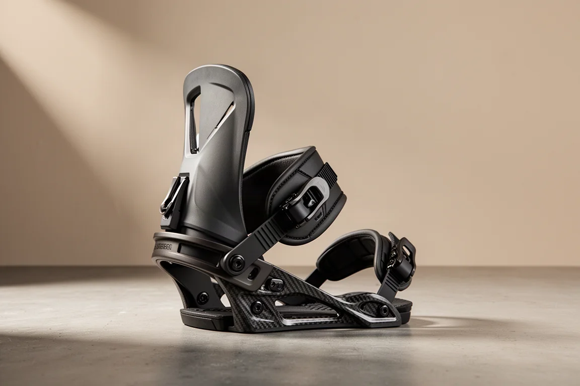 Attacco da snowboard premium con piattaforma in carbonio forgiato su superficie di cemento