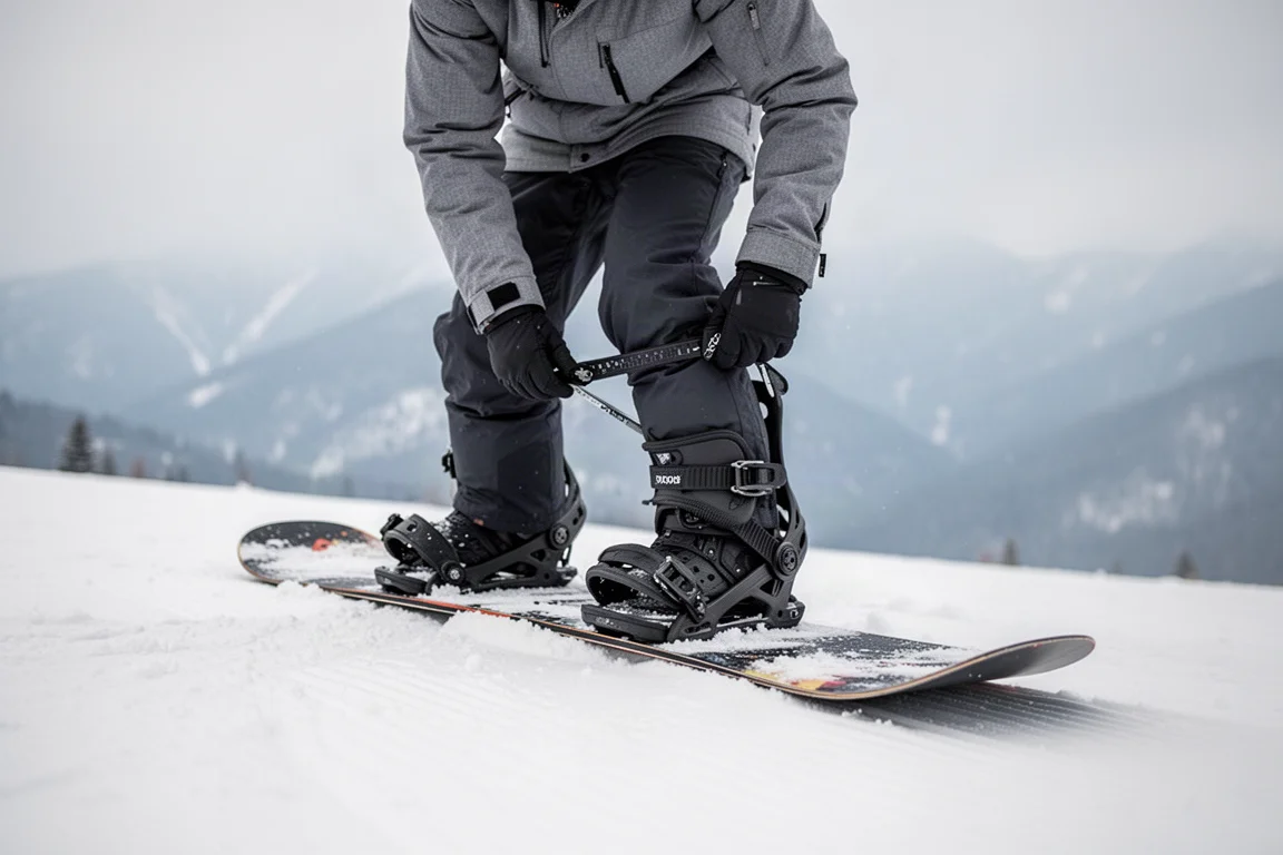 Snowboarder schnürt sich bei sanftem Tageslicht an einer verschneiten Piste in die Bindung